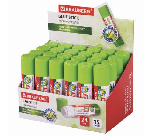 Клей-карандаш на натуральной основе BRAUBERG GREEN, 15 г, 270437