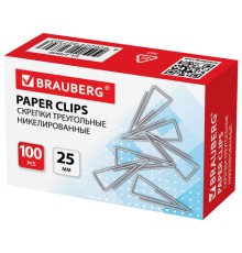 Скрепки BRAUBERG, 25 мм, никелированные, треугольные, 100 шт., в картонной коробке, 270440