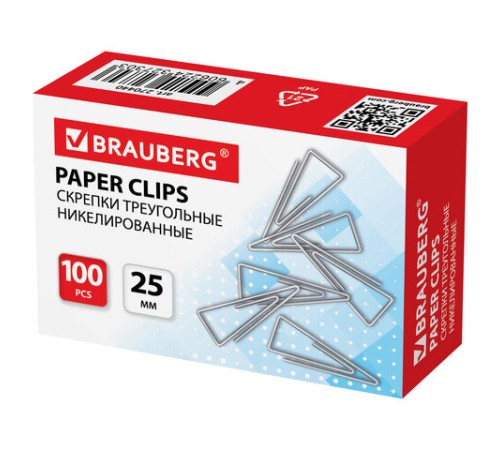 Скрепки BRAUBERG, 25 мм, никелированные, треугольные, 100 шт., в картонной коробке, 270440