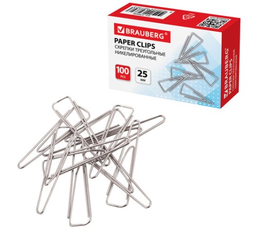 Скрепки BRAUBERG, 25 мм, никелированные, треугольные, 100 шт., в картонной коробке, 270440