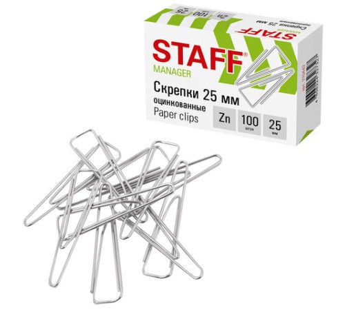 Скрепки STAFF, 25 мм, оцинкованные, треугольные, 100 шт., в картонной коробке, 270442