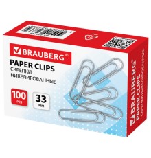 Скрепки BRAUBERG, 33 мм, никелированные, 100 шт., в картонной коробке, 270443