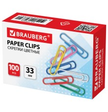 Скрепки BRAUBERG, 33 мм, цветные, 100 шт., в картонной коробке, 270444