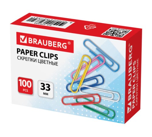 Скрепки BRAUBERG, 33 мм, цветные, 100 шт., в картонной коробке, 270444