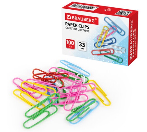 Скрепки BRAUBERG, 33 мм, цветные, 100 шт., в картонной коробке, 270444