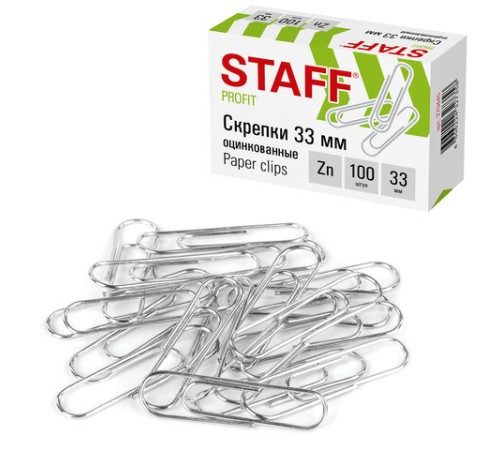 Скрепки STAFF, 33 мм, оцинкованные, 100 шт., в картонной коробке, 270445