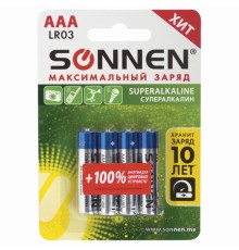 Батарейки КОМПЛЕКТ 4 шт., SONNEN Super Alkaline, AAA (LR03, 24А), алкалиновые, мизинчиковые, в блистере, 451096