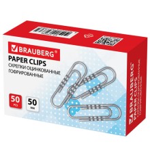 Скрепки большие 50 мм, BRAUBERG, оцинкованные, гофрированные, 50 шт., в картонной коробке, 270446