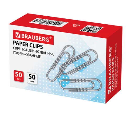 Скрепки большие 50 мм, BRAUBERG, оцинкованные, гофрированные, 50 шт., в картонной коробке, 270446