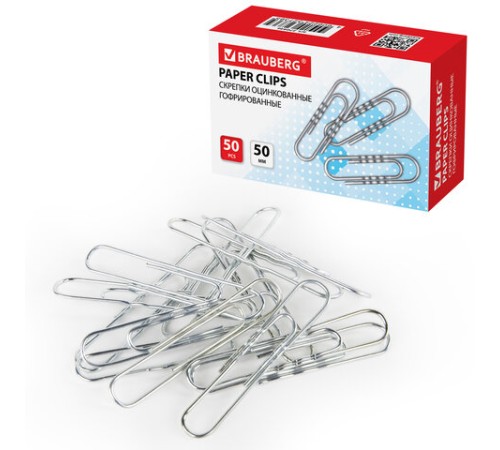 Скрепки большие 50 мм, BRAUBERG, оцинкованные, гофрированные, 50 шт., в картонной коробке, 270446