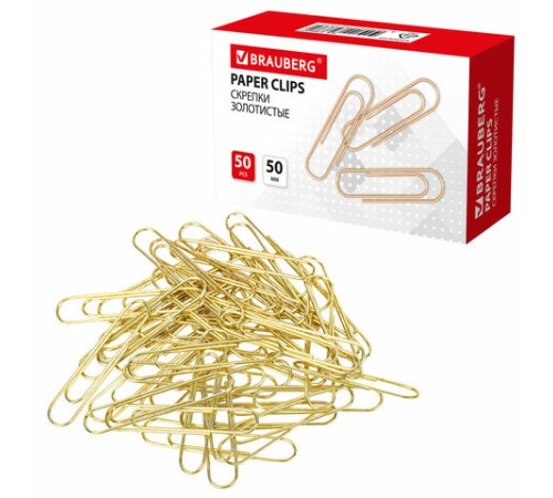 Скрепки большие 50 мм, BRAUBERG, золотистые, 50 шт., в картонной коробке, 270447