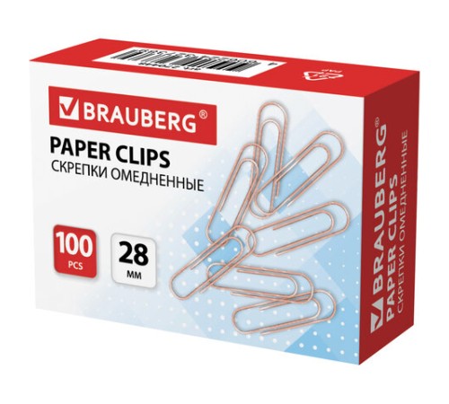 Скрепки BRAUBERG, 28 мм, омедненные, 100 шт., в картонной коробке, 270448