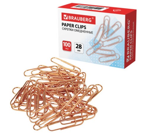 Скрепки BRAUBERG, 28 мм, омедненные, 100 шт., в картонной коробке, 270448