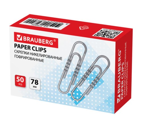 Скрепки большие 78 мм, BRAUBERG, никелированные, гофрированные, 50 шт., в картонной коробке, 270450
