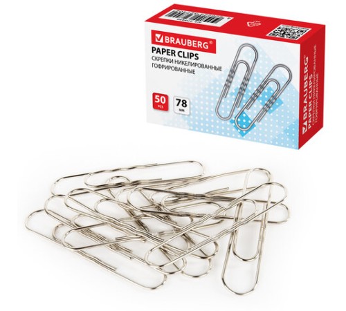 Скрепки большие 78 мм, BRAUBERG, никелированные, гофрированные, 50 шт., в картонной коробке, 270450