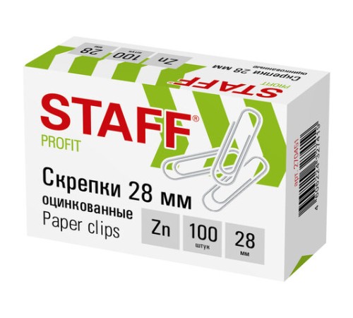 Скрепки STAFF, 28 мм, оцинкованные, 100 шт., в картонной коробке, 270451