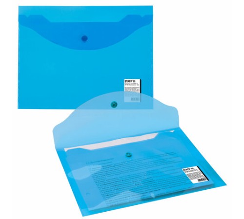 Папка-конверт с кнопкой МАЛОГО ФОРМАТА (240х190 мм), А5, прозрачная, синяя, 0,15 мм, STAFF, 270466