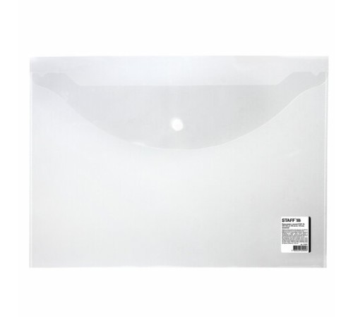 Папка-конверт с кнопкой STAFF, А4, до 100 листов, прозрачная, 0,15 мм, 270467