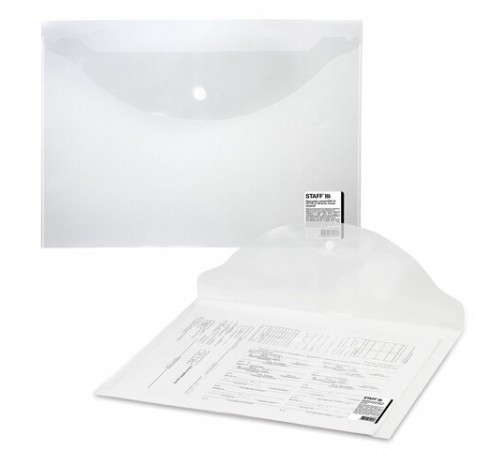 Папка-конверт с кнопкой STAFF, А4, до 100 листов, прозрачная, 0,15 мм, 270467