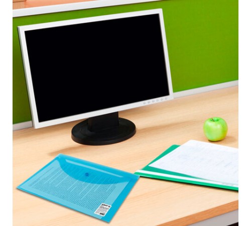 Папка-конверт с кнопкой STAFF, А4, до 100 листов, прозрачная, синяя, 0,15 мм, 270470