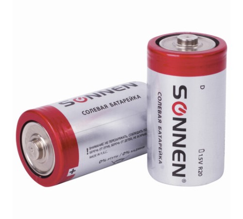 Батарейки КОМПЛЕКТ 2 шт, SONNEN, D (R20), солевые, в пленке, 451100