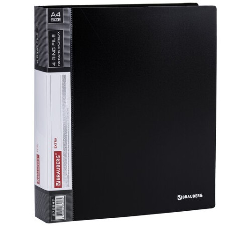 Папка на 4 кольцах, ширина 40 мм, BRAUBERG EXTRA, до 300 листов, ЧЕРНАЯ, 0,8 мм, 270547