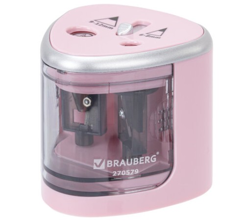 Точилка электрическая BRAUBERG DUAL (для 2 диаметров карандашей!), 4 батарейки АА, розовая, 270579