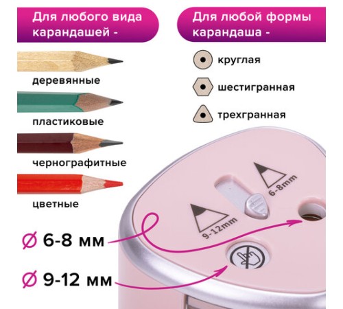 Точилка электрическая BRAUBERG DUAL (для 2 диаметров карандашей!), 4 батарейки АА, розовая, 270579
