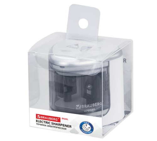 Точилка электрическая BRAUBERG DUAL (для 2 диаметров карандашей!), 4 батарейки АА, белая, 270580