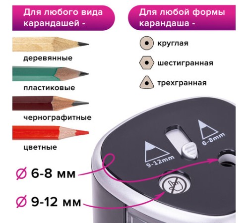 Точилка электрическая BRAUBERG DUAL (для 2 диаметров карандашей!), 4 батарейки АА, черная, 270581