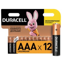 Батарейки КОМПЛЕКТ 12 шт., DURACELL Basic ОРИГИНАЛ, AAA (LR03, 24А), алкалиновые, мизинчиковые