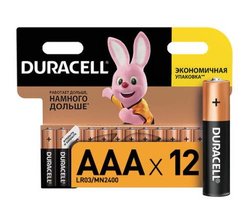 Батарейки КОМПЛЕКТ 12 шт., DURACELL Basic ОРИГИНАЛ, AAA (LR03, 24А), алкалиновые, мизинчиковые