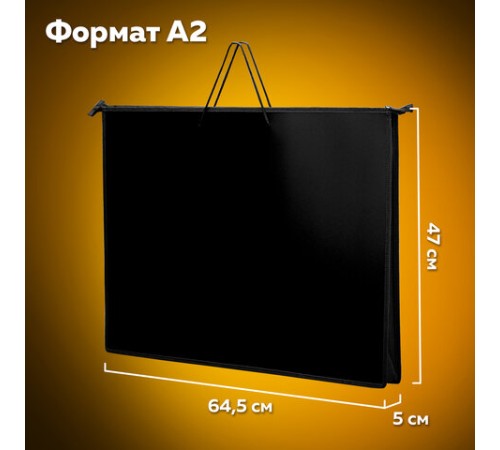 Папка для рисунков и чертежей на молнии с ручками ПИФАГОР А2, 1 отделение, пластик, ручки-шнурок, черная, 270873
