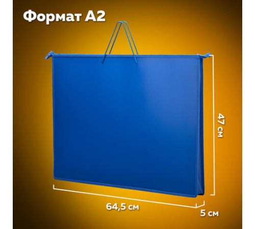 Папка для рисунков и чертежей на молнии с ручками ПИФАГОР А2, 1 отделение, пластик, ручки-шнурок, синяя, 270874