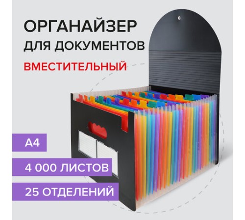 Папка-органайзер для бумаг и документов на резинке, 25 отделений, BRAUBERG DOCS, А4, черная, 271151