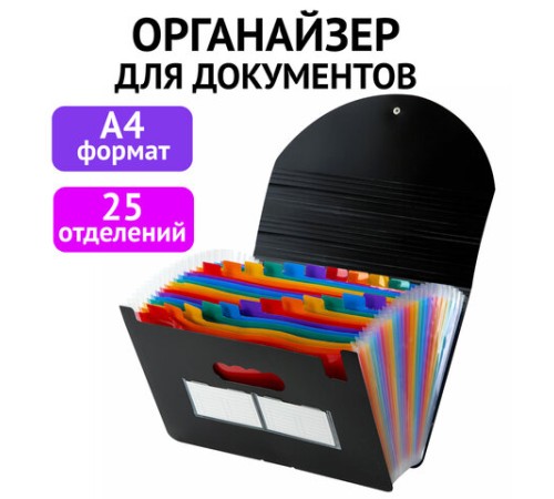 Папка-органайзер для бумаг и документов на резинке, 25 отделений, BRAUBERG DOCS, А4, черная, 271151
