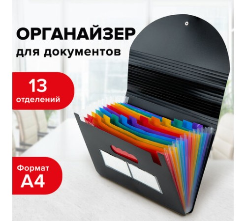 Папка-органайзер для бумаг и документов на резинке, 13 отделений, BRAUBERG DOCS, А4, черная, 271152