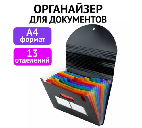 Папка-органайзер для бумаг и документов на резинке, 13 отделений, BRAUBERG DOCS, А4, черная, 271152