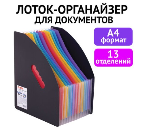 Лоток-органайзер вертикальный для бумаг и документов, 13 отделений, BRAUBERG DOCS, А4 черный, 271153