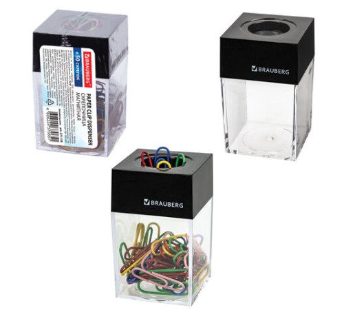 Скрепочница магнитная с 50 цветными скрепками 28 мм, РОССИЯ, BRAUBERG, 271178, ДМ-28П-50