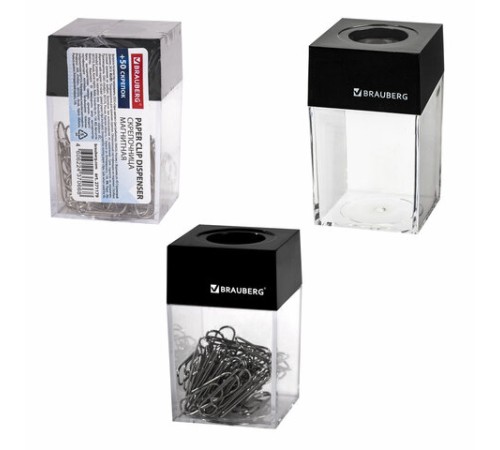 Скрепочница магнитная с 50 никелированными скрепками 28 мм, РОССИЯ, BRAUBERG, 271179