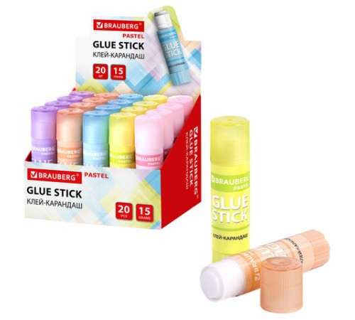 Клей-карандаш в пастельном корпусе BRAUBERG PASTEL, 15 г, PVP-основа, ассорти, 271249
