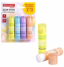 Клей-карандаш 15 г, ВЫГОДНАЯ УПАКОВКА, BRAUBERG PASTEL, 4 штуки на блистере, PVP-основа, 271250