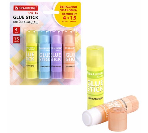 Клей-карандаш 15 г, ВЫГОДНАЯ УПАКОВКА, BRAUBERG PASTEL, 4 штуки на блистере, PVP-основа, 271250