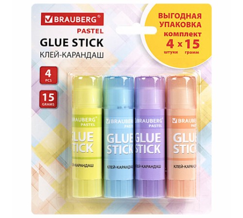 Клей-карандаш 15 г, ВЫГОДНАЯ УПАКОВКА, BRAUBERG PASTEL, 4 штуки на блистере, PVP-основа, 271250