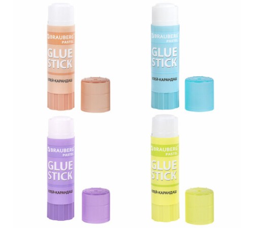 Клей-карандаш 15 г, ВЫГОДНАЯ УПАКОВКА, BRAUBERG PASTEL, 4 штуки на блистере, PVP-основа, 271250