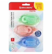 Корректирующая лента BRAUBERG PASTEL, 5 мм x 12 м, механизм перемотки, ВЫГОДНАЯ УПАКОВКА 3 штуки в блистере, 271252