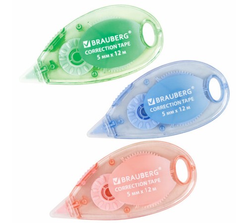 Корректирующая лента BRAUBERG PASTEL, 5 мм x 12 м, механизм перемотки, ВЫГОДНАЯ УПАКОВКА 3 штуки в блистере, 271252
