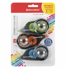 Корректирующая лента BRAUBERG ULTRA COLOR, 5 мм x 12 м, механизм перемотки, ВЫГОДНАЯ УПАКОВКА 3 штуки в блистере, 271253
