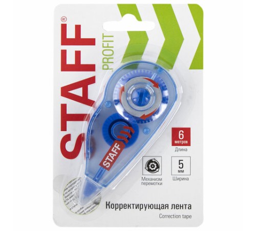 Корректирующая лента STAFF PROFIT, 5 мм х 6 м, механизм перемотки, корпус голубой, блистер, европодвес, 271254